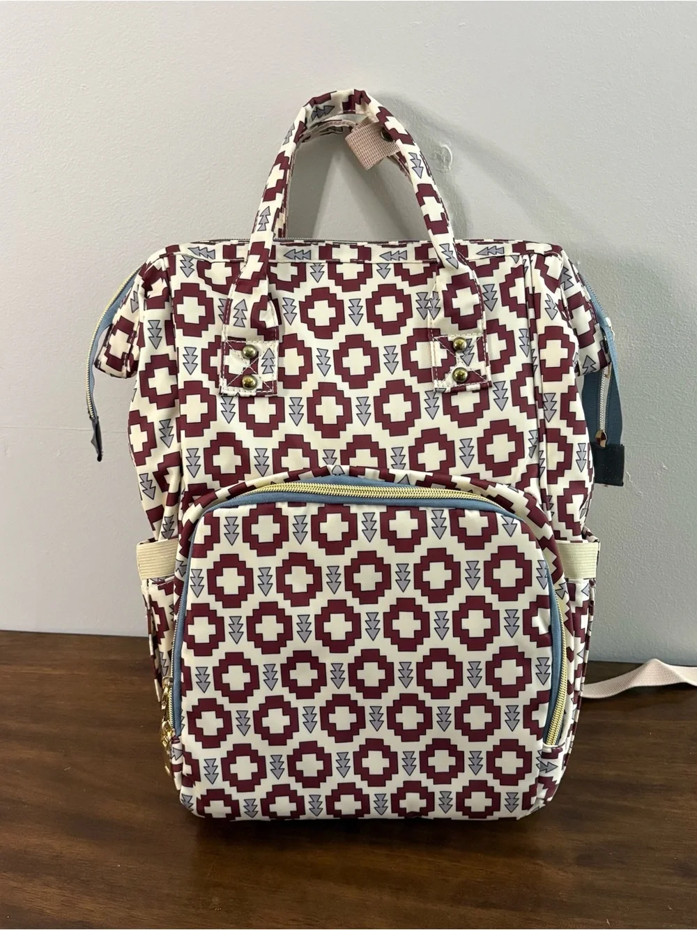 NWOT Womens Backpack Diaper Bag Cream Red Travel Bottle Pockets
